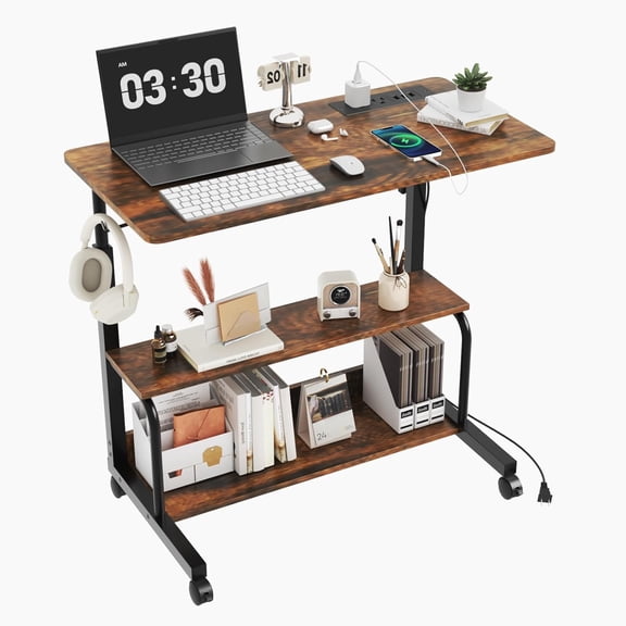 Yunken 31.5" Mobile Small Standing Desk, Adjustable Height Mobile Computer Desk, w/2 AC Outlets + 3 USB Ports & Hooks, Storage Shelves, Suitable for Gaming, Studying, Home Office, Vintage Brown