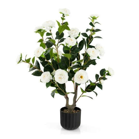 Yunken 38 Inch Artificial Camellia Tree Faux Flower Plant in Cement Pot, Realistic Indoor Outdoor Potted Decor for Home Garden Patio Office Floor