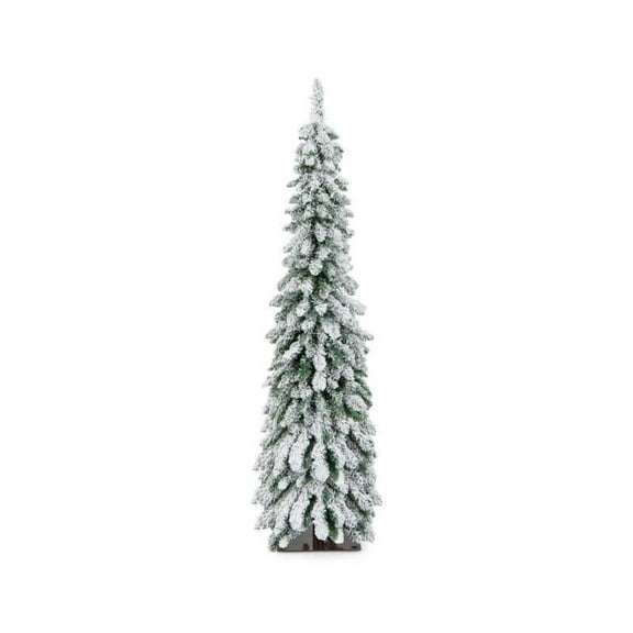 Yunken 4/5/6 FT Pre-Lit Snow Flocked Slim Pencil Xmas Tree Decor, Artificial Pine with Festive White LED Lighting