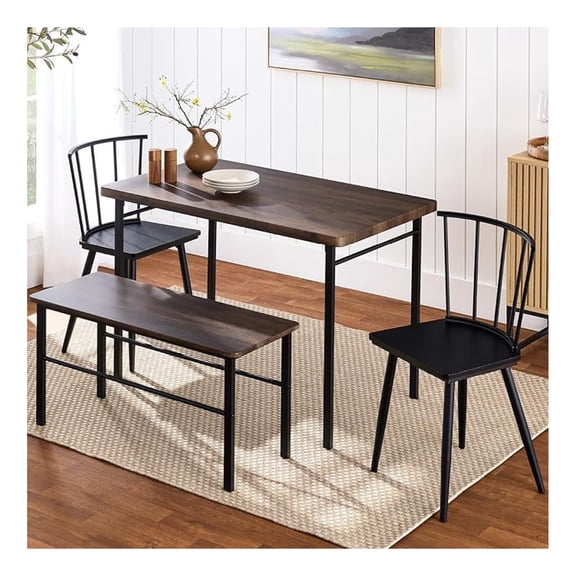 Yunken 4-Piece Farmhouse Dining Set with 2 Spindle Chairs, Bench & Table, Windsor Style Kitchen Furniture - Dark Brown