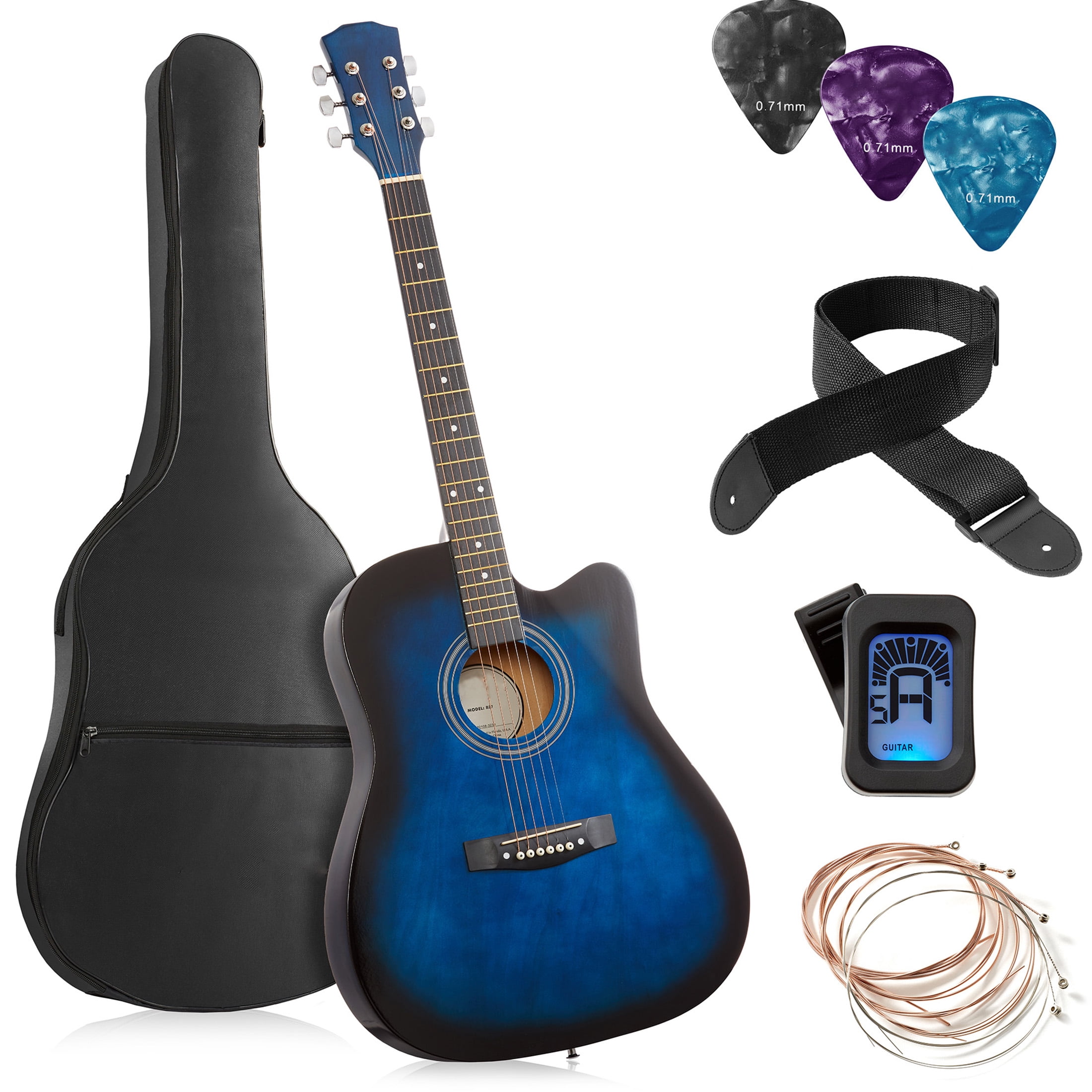 Yunken 41-inch Beginner Cutaway Acoustic Guitar Package, Full Size Basic Starter Kit w/Gig Bag, Strings, Strap, Tuner, Picks-Blue