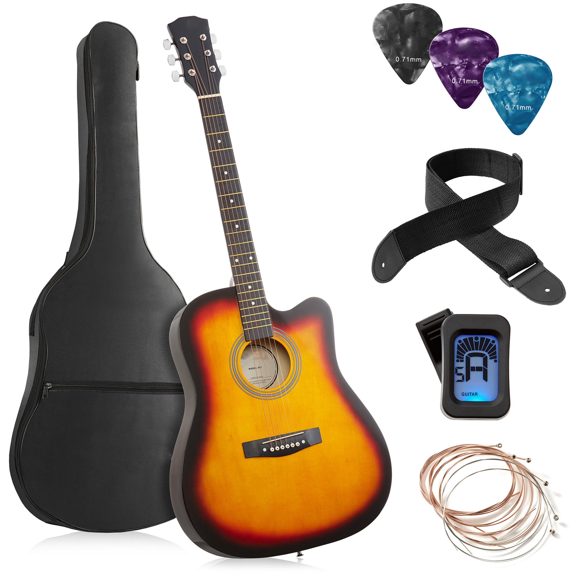 Yunken 41-inch Beginner Cutaway Acoustic Guitar Package, Full Size Basic Starter Kit w/Gig Bag, Strings, Strap, Tuner, Picks-Sunburst
