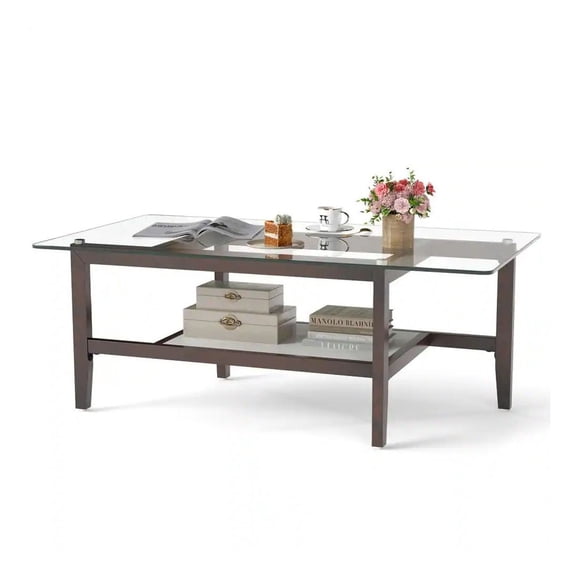 Yunken 42 Inch Rectangular 2-Tier Glass Coffee Table with Storage Shelf, Modern Living Room Center,