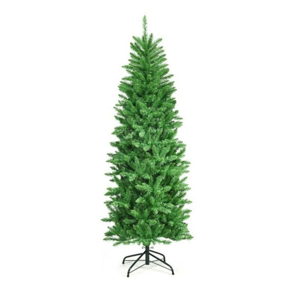 Yunken 5/6/7 Feet PVC Hinged Pre-lit Artificial Fir Pencil Christmas Tree with 150 Lights and Slim Space-Saving Design