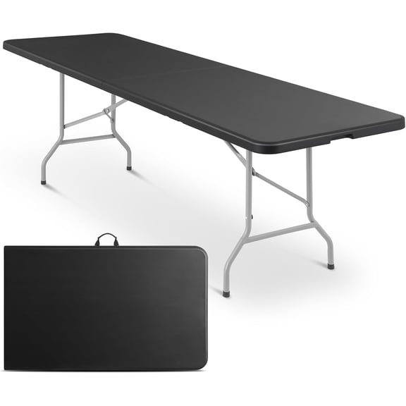 Yunken 8ft Plastic Folding Table with Handle for Indoor Outdoor, 8 Foot Utility Commercial Craft Foldable Table for Party Events, Black
