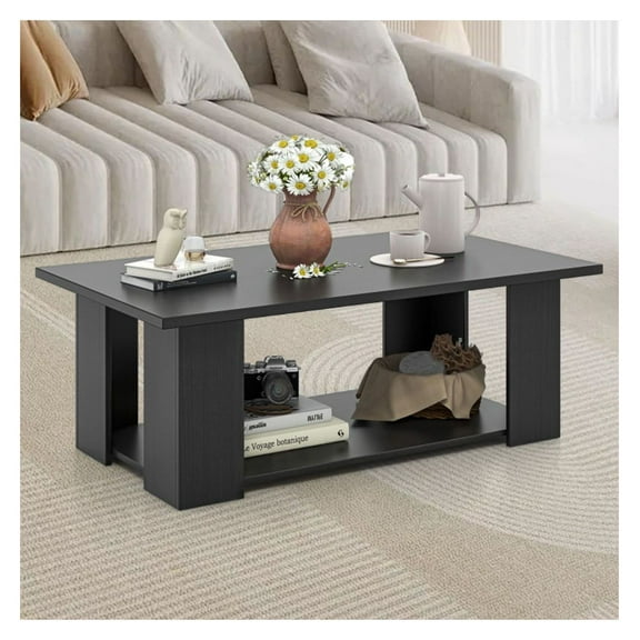 Yunken Big 41 Inch 2-Tier Contemporary Coffee Table with Storage Shelf, Wooden Living Room Table,