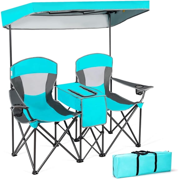 Yunken Double Camping Chair, Beach Chair with Canopy Shade, Adjustable UV Protection, Cooler, Cup Holder & Carry Bag, Folding Portable Lawn Soccer Camp Chair with Umbrella for Adults (Navy, 2 Person)