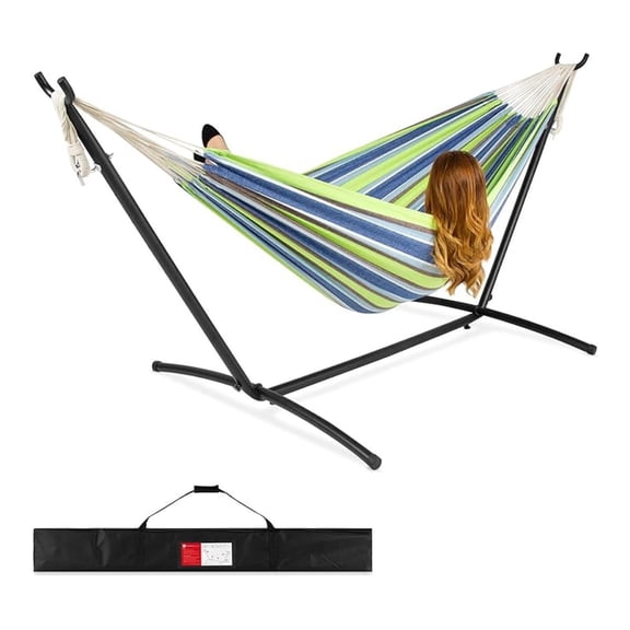 Yunken Double Hammock with Steel Stand, Brazilian-Style Cotton 2-Person Bed with Carrying Bag - Blue/Green Stripes