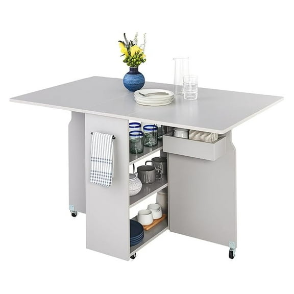 Yunken Folding Dining Table with Wheels, Space Saving Collapsible Drop Leaf Desk with 3 Storage Shelves - Cement Gray