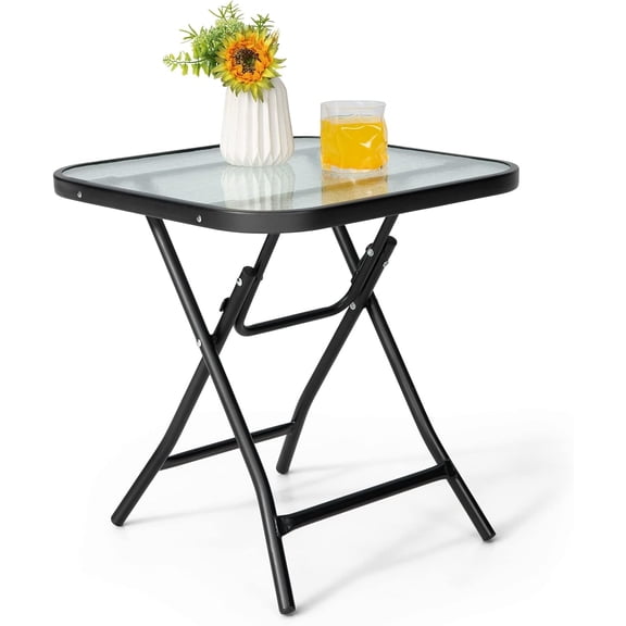 Yunken Folding Side Table, Square Small Patio Table, Tempered Glass Tabletop, Steel Frame, Weather-Resistant Outdoor Indoor Use for Bistro Porch Garden Balcony (Farmhouse Square,18"x18"x18.5")