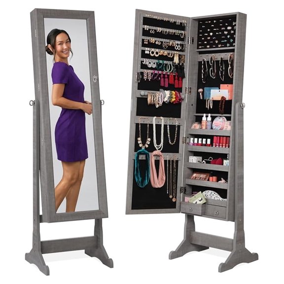 Yunken Freestanding Jewelry Armoire with Full-Length Mirror, Lockable Makeup Organizer, Velvet Lining, 5 Shelves - Gray Oak