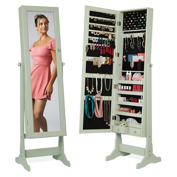 Yunken Freestanding Jewelry Armoire with Full-Length Mirror, Lockable Makeup Organizer, Velvet Lining, 5 Shelves - Sage