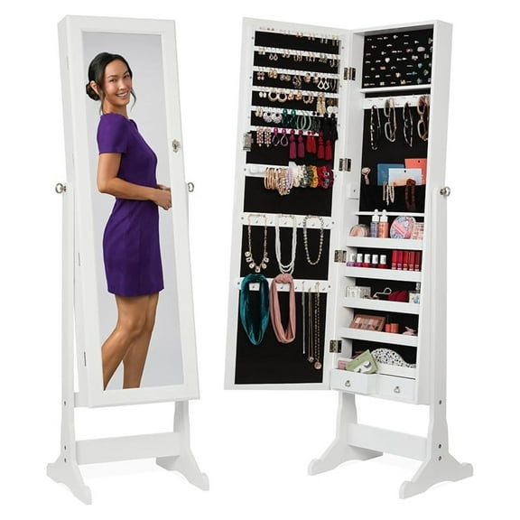 Yunken Freestanding Jewelry Armoire with Full-Length Mirror, Lockable Makeup Organizer, Velvet Lining, 5 Shelves - White