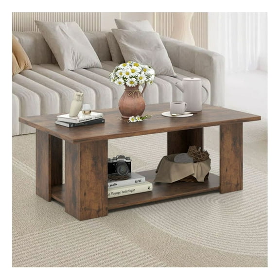 Yunken Large 41 Inch 2-Tier Wooden Modern Coffee Table with Storage Shelf, Living Room Center Table,