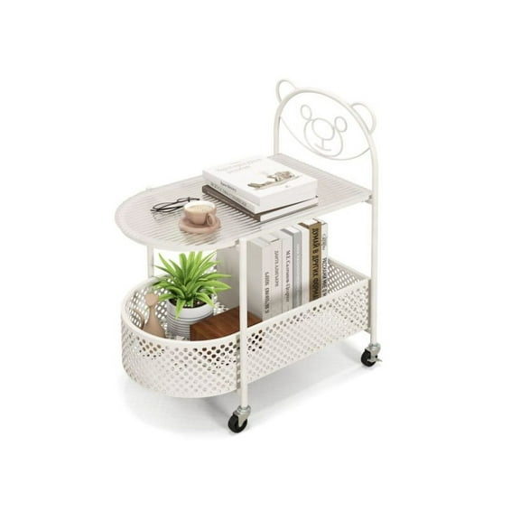 Yunken Mobile 2-Tier Glass Coffee Table with Bear Design, Portable Rolling Side Table