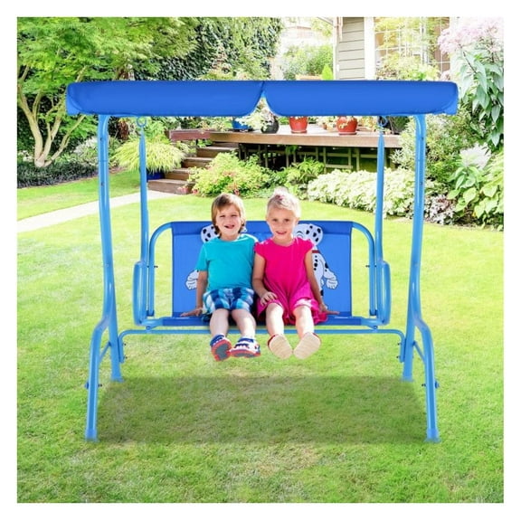 Yunken Outdoor Kids Patio Swing Bench with Canopy for 2 Seats, Children's Play Set with Protective Cover for Garden, Backyard, and Playground