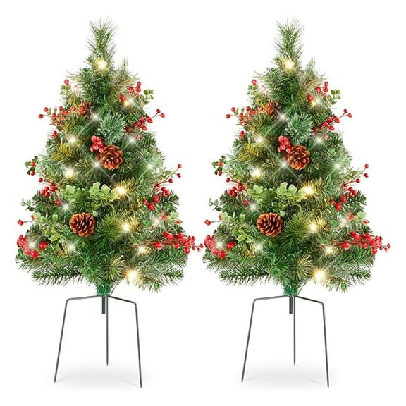 Yunken Set of 2 Outdoor Pathway Christmas Trees, 24.5-Inch Battery Operated Pre-Lit Holiday Decor with LED Lights, Red Berries, and Pine Cones