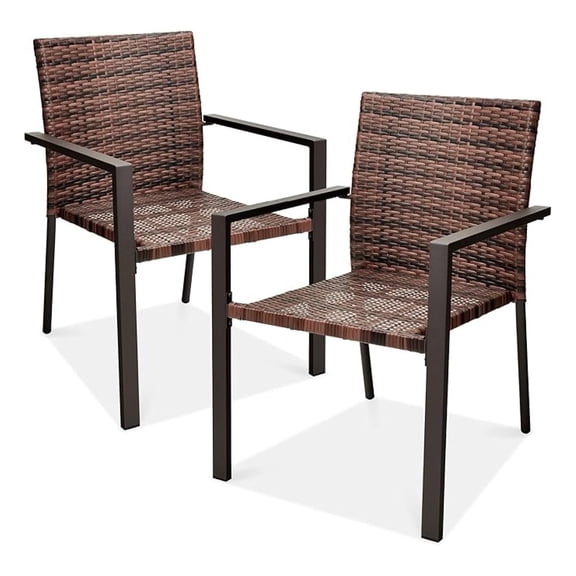 Yunken Set of 2 Stackable Outdoor Wicker Dining Chairs, All-Weather Armchairs with Steel Frame - Light Brown
