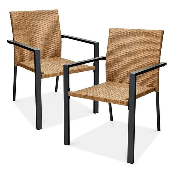 Yunken Set of 2 Stackable Outdoor Wicker Dining Chairs, All-Weather Armchairs with Steel Frame - Natural