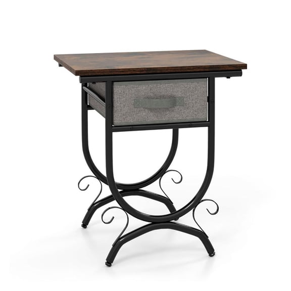 Yunken Side Table with Fabric Drawer and Carved Metal Frame, Modern Living Room Accent Table with Sturdy Base