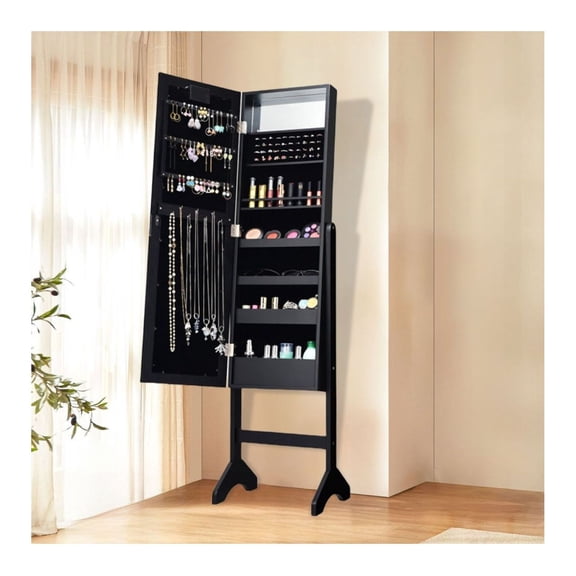 Yunken Standing Jewelry Cabinet with LED Lights & Mirror, Lockable Armoire with Bracelet Rolls & Ring Trays