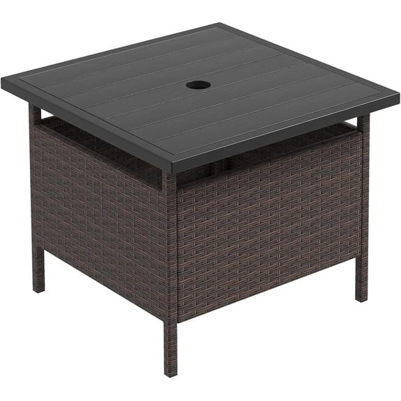 Yunken Umbrella Table, Outdoor Side Table with 2" Umbrella Hole, Rattan Umbrella Stand Holder, Heavy Duty Metal Frame, Patio Bistro Table for Deck Garden Poolside, Mix Brown (HDPE Tabletop)