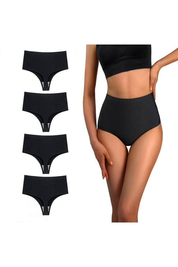 High Waisted Thong No Show Underwear for Women,Seamless High Rise Panties 4 Pack Black XL