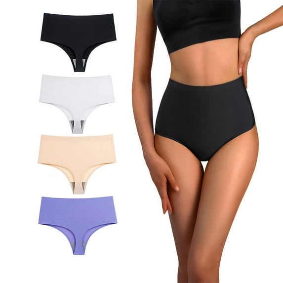 Yunleeb High Waisted Thong No Show Underwear for Women,Seamless High Rise Panties 4 Pack Mix3 XL