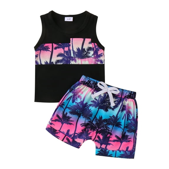 Yunliwuli 2-Piece Unisex Shorts Set Tropical Print Round Neck Sleeveless Tops Drawstring Elastic Waistband Shorts Outfits