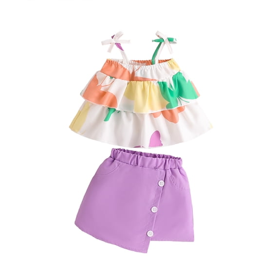 Yunliwuli 2PCS Baby Girl Summer Clothes Sleeveless Ruffle Cami Tops + Button Skirt Set Toddler Outfits