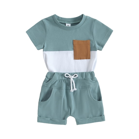 Yunliwuli 2Pcs Toddler Boy Summer Outfits, Short Sleeve Contrast Color T-Shirt + Pocket Shorts Set