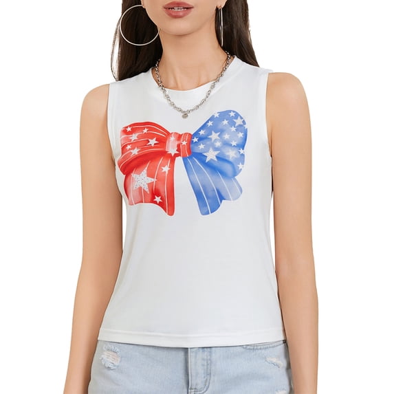 Yunliwuli 4th of July Women Tank Tops Bowknot/Flag Print Crew Neck Sleeveless Casual Vests Independence Day Summer Loose Tops