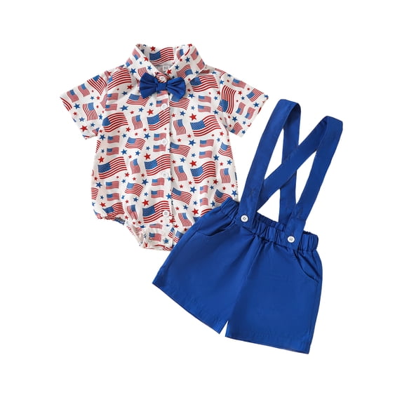 Yunliwuli Baby Boy 4th of July Outfit, Popsicle Print Short Sleeve Button Down Romper with Bowtie Suspender Shorts Toddler Set
