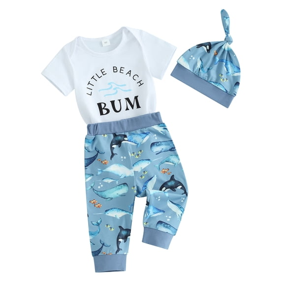 Yunliwuli Baby Boys 3PCS Outfit Sets white Short Sleeve O Neck Romper Whale Print Pants Hat Sets
