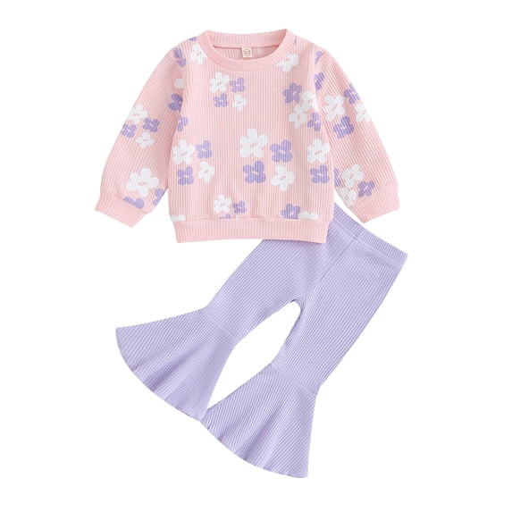 Yunliwuli Baby Girl 2Pcs Fall Outfits Long Sleeve Floral Print Pullover Tops + Flare Pants Set Toddler Spring Clothes