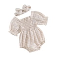 thumbnail image 1 of Yunliwuli Baby Girl 2Pcs Spring Outfits Short Sleeve Plaid Print Smocked Romper with Headband Set Infant Clothes, 1 of 10