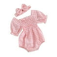 thumbnail image 1 of Yunliwuli Baby Girl 2Pcs Spring Outfits Short Sleeve Plaid Print Smocked Romper with Headband Set Infant Clothes, 1 of 10