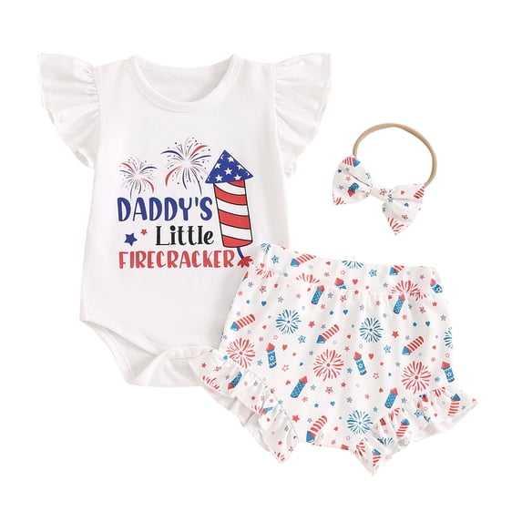 Yunliwuli Baby Girl 4th of July Outfit Letter Flying Sleeve Romper with Fireworks/Flag Pattern Shorts and Headband 3Pcs Outfit