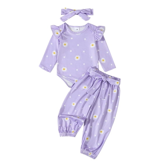 Yunliwuli Baby Girl Fall Outfits Daisy Print Crew Neck Long Sleeve Romper Long Pants with Belt Headband 3Pcs Clothes Set