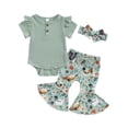 thumbnail image 1 of Yunliwuli Baby Girl Romper Outfit Ribbed Ruffled Short Sleeve Jumpsuit with FloralChick Flare Pants Headband 3Pcs Outfit, 1 of 10