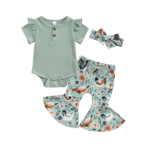 Yunliwuli Baby Girl Romper Outfit Ribbed Ruffled Short Sleeve Jumpsuit with FloralChick Flare Pants Headband 3Pcs Outfit