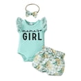 thumbnail image 1 of Yunliwuli Baby Girl Summer Clothes Letter Print Ribbed Romper and Floral/Fruit Print Shorts Headband Set 3 Piece Outfits, 1 of 10