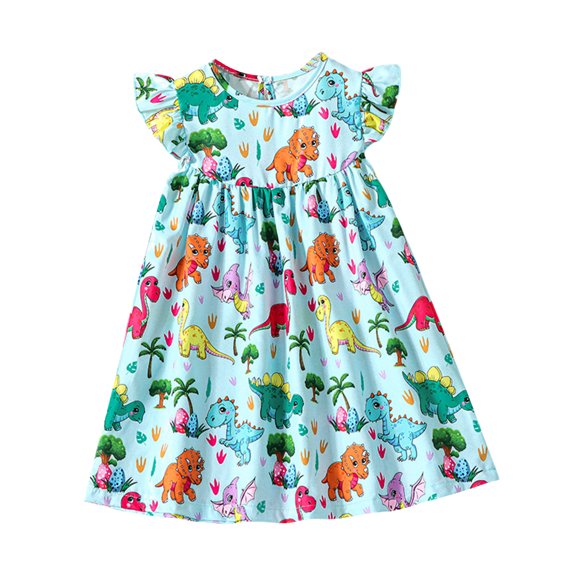 Yunliwuli Baby Girl Summer Dress Casual Fly Sleeve Round Neck Dinosaur Print Dress Toddler A-Line Dress