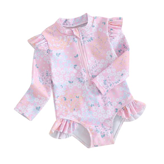 Yunliwuli Baby Girl Swimsuits Summer Ruffle Floral Print Long Sleeves Zipper Jumpsuit Beachwear for Toddler Bathing Suits