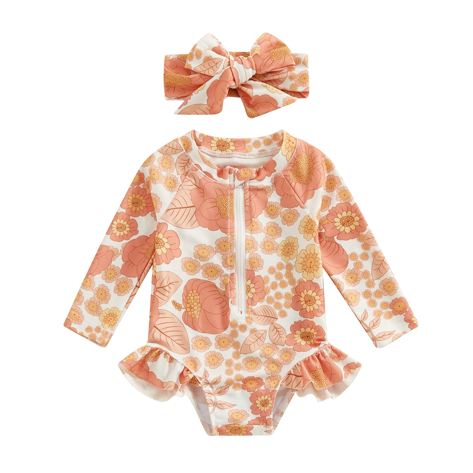 Yunliwuli Baby Girl Swimwear Summer Floral Long Sleeves Ruffled Swimsuits and Headband Set for
