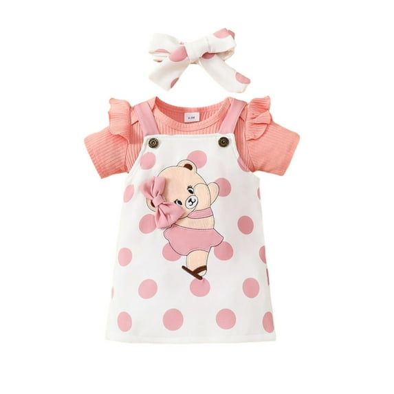 Yunliwuli Baby Girls 3Pcs Spring Outfits Romper + Bear Suspender Skirt + Headband Set Newborn Clothes
