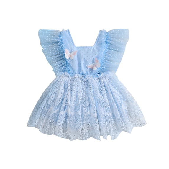 Yunliwuli Baby Girls Dress Butterfly Embellished Swiss Dot Lace Fly Sleeve Casual Dress Summer Princess Dress