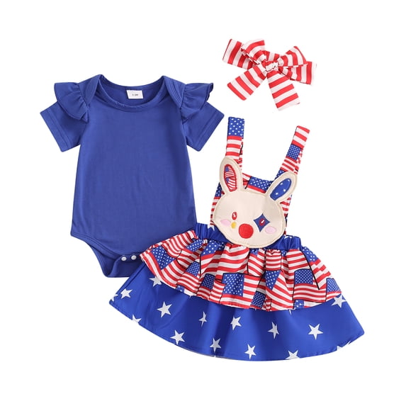 Yunliwuli Baby Girls Dress Set, Short Sleeve Romper with Bunny Stars Stripes Suspender Dress Headband 4th of July Clothing