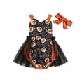 thumbnail image 1 of Yunliwuli Baby Girls Rompers Dress Halloween Clothes Pumpkin Owl Print Tulle Skirt Hem Straps Sleeveless Toddler Bodysuits with Headband, 1 of 10