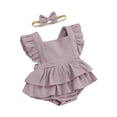 thumbnail image 1 of Yunliwuli Baby Girls Rompers Dress Solid Color Square Neck Fly Sleeve Skirt Hem Infant Bodysuits Summer Clothes with Headband, 1 of 9